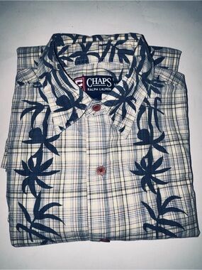 Chaps Men's Cream Plaid Button-Down Shirt with Navy Floral Overlay